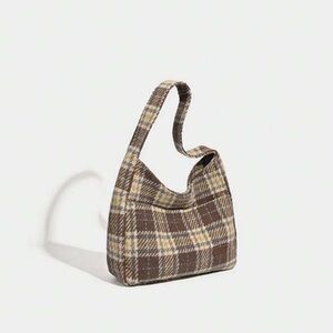 Wool Blend Plaid Tote Bag With Magnetic Snap Closure And Zipper Pocket